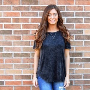 Boutique Black Stone Washed Cold Shoulder Top
